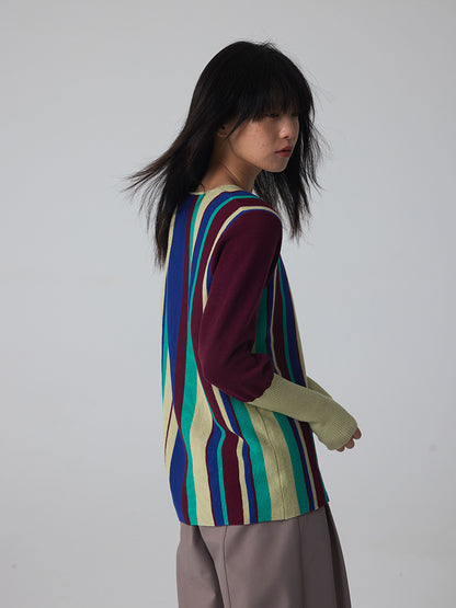 Long-Cuff Stripe Retro Chic Square-Neck Knit