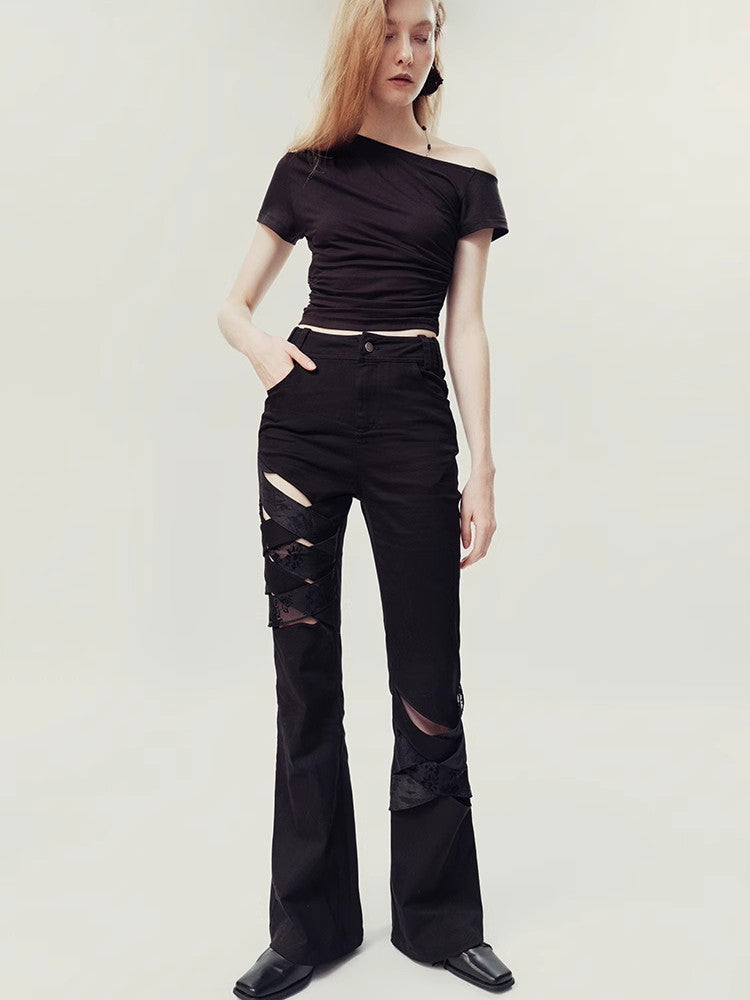 Nichi Lace Mesh Flower High-Waist Flare-Pants