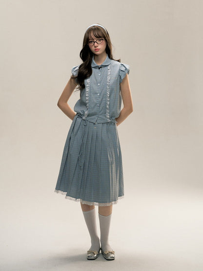 Set-Up Checked Lace Gilrt Retro Fancy Blouse＆Lon-Skirt