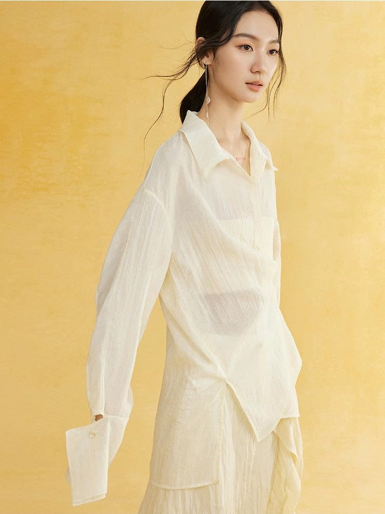 Side-Button Natural Sheer Oversuze Shirt