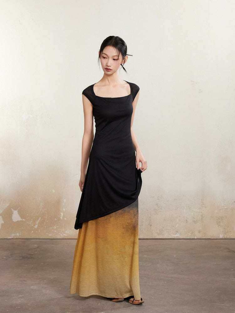 Long Bi-Color Retro Square-Neck Layered Dress