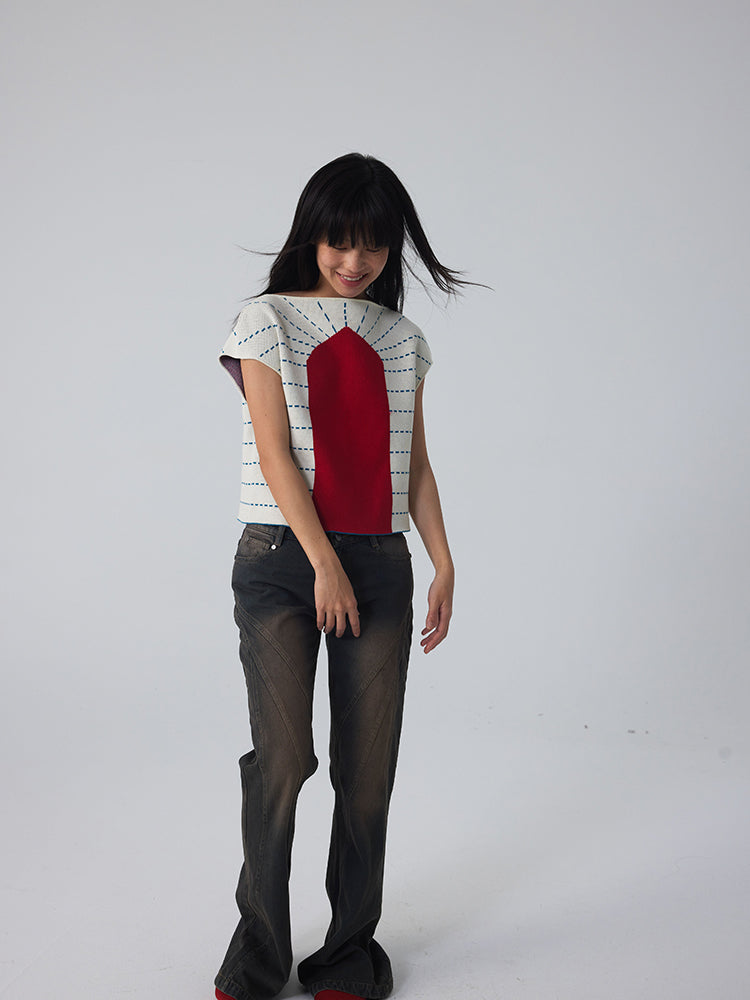 Nicni French-Sleeve Border Modern Unique Cutsew