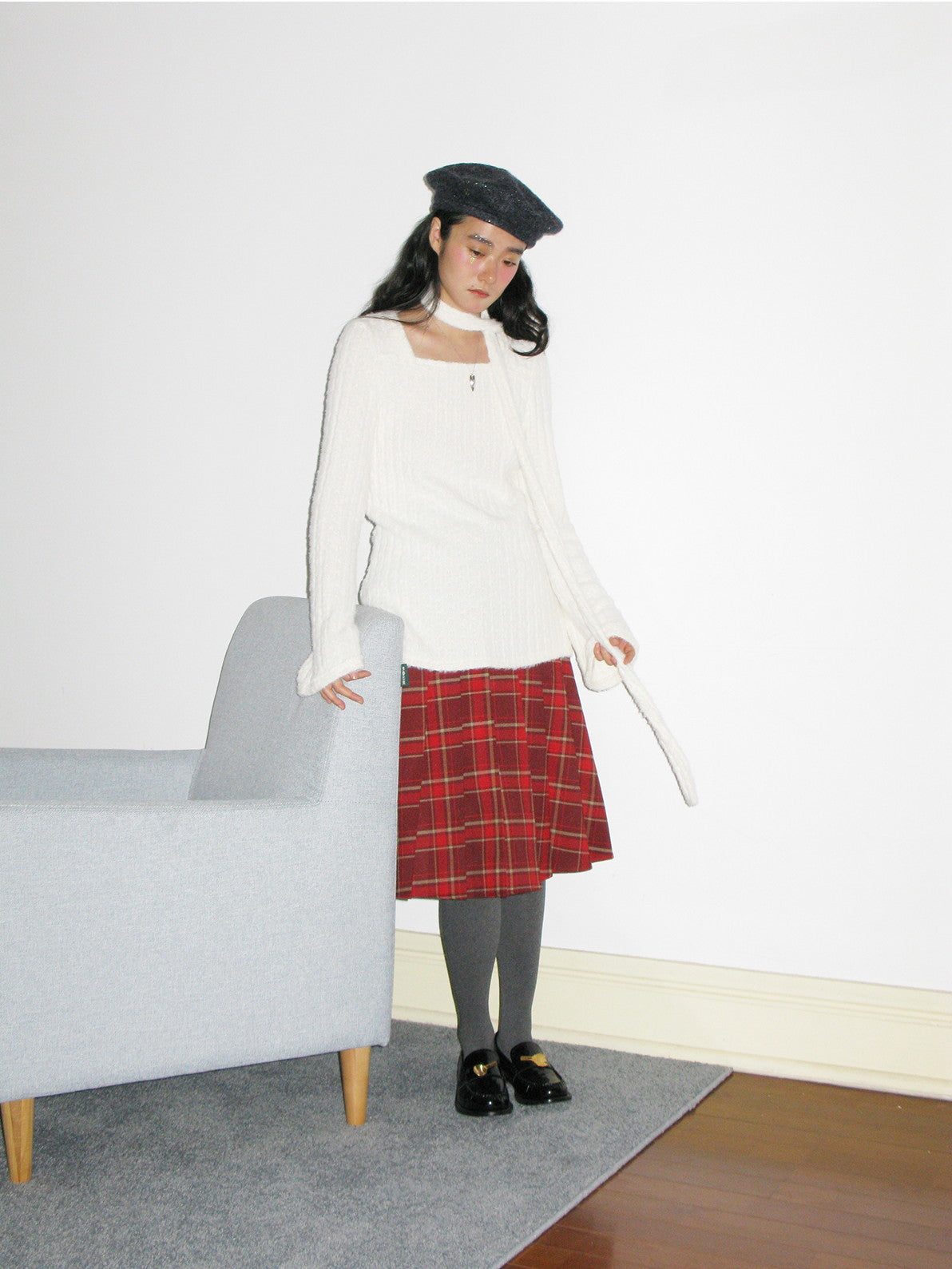 Square-Neck Long-Tie Simple Classy Tib-Knit