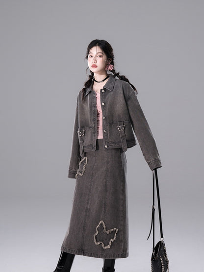 Shirt＆Long-Skirt Demin Butterfly Tassel Vintage Set-Up