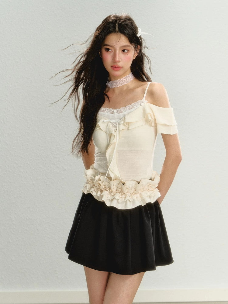 Off-Shoulder Lace 2Way Ruffle Tops