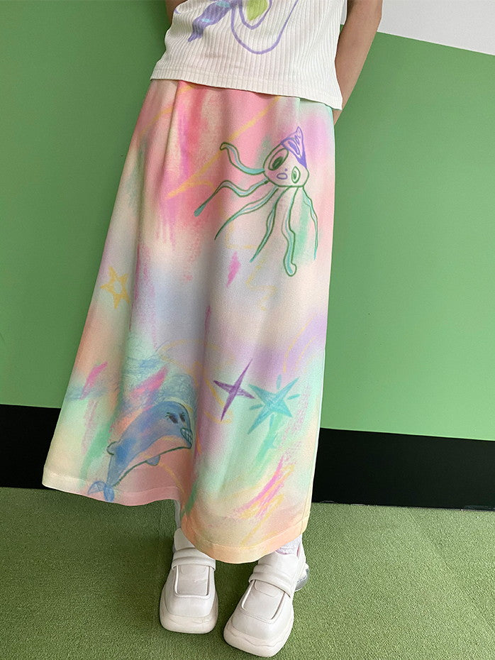 Marble Handwrite Unique Crayon Long-Skirt