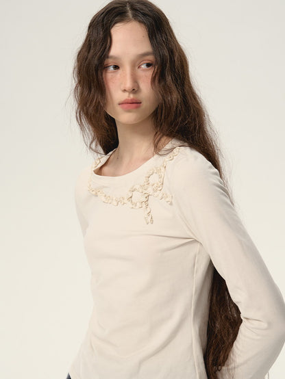 Ribbon Frill Round-Neck Natural Simple Cutsew