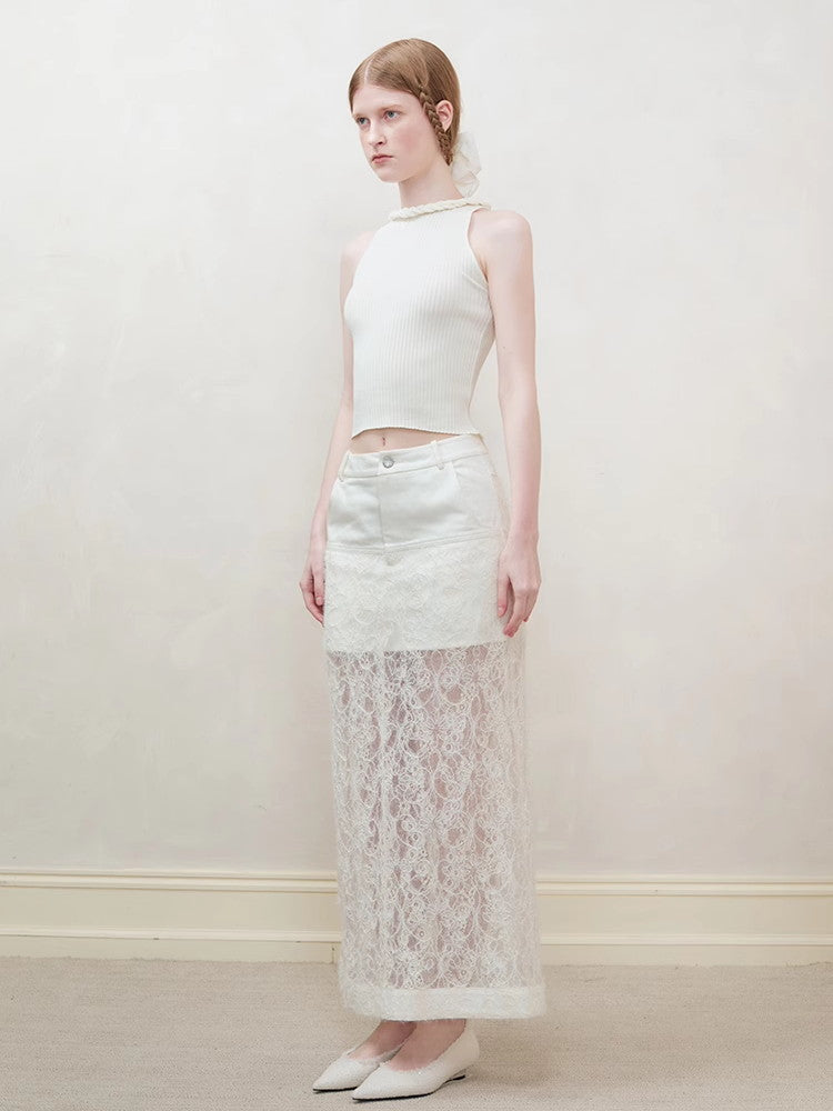 Lace H-Line Sheer Flower Embroidery Feminine Long-Skirt