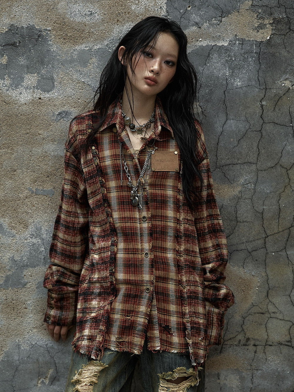 Checked Ovresize Retro Star Damage Tassel Collared-Shirt