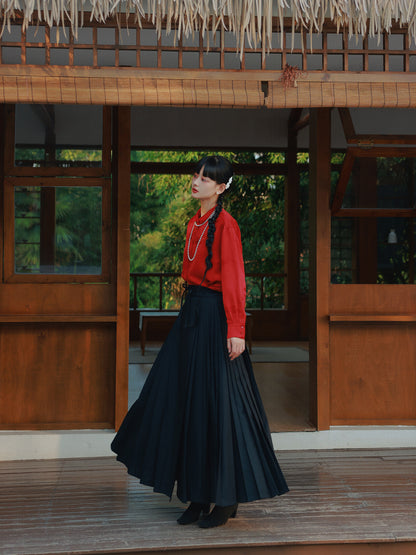 Box-Pleats Flare A-Line High-Waist Long-Skirt