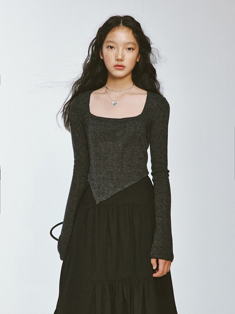 Square-Neck Asymmetry Slim Knit