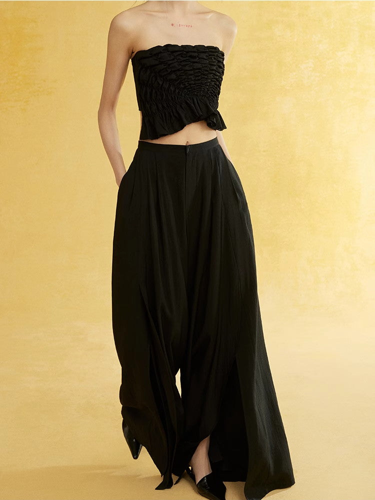 Natural Slit Wide-Leg Wrinkled Plain Flare-Pants