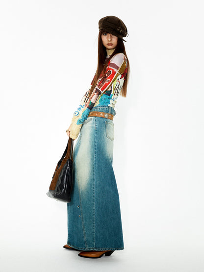 Faded-Denim Pencil-Skirt Casual Maxi Long-Skirt