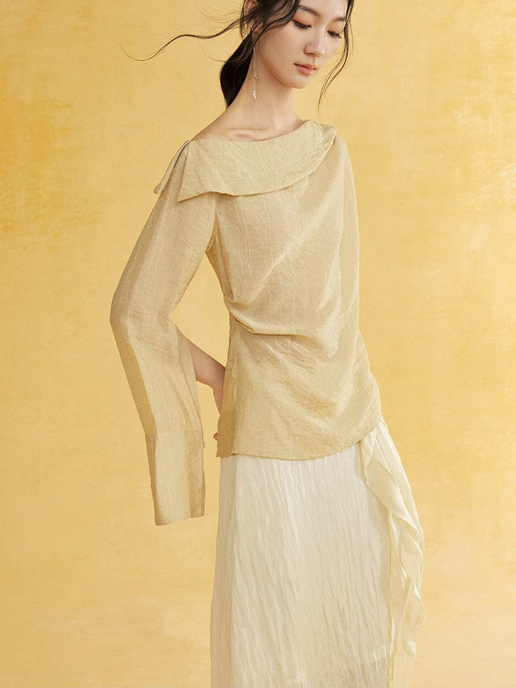 One-Shoulder Natural Slit-Sleeve Cover Chic Blouse