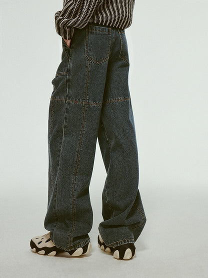 Stitch High-Waist Denim Straight Casual Loose Pants