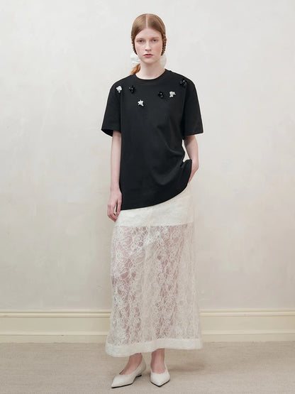 Lace H-Line Sheer Flower Embroidery Feminine Long-Skirt