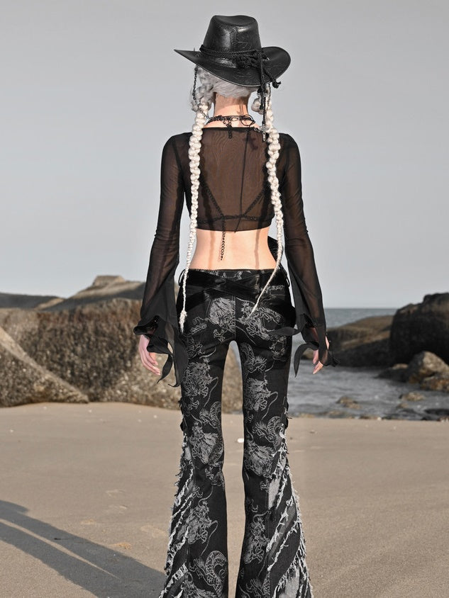 Belt Embroidery Denim Tassel Flare-Pants