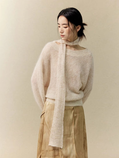 Long-Tie Fluffily Loose Off-Shoulder Classy Mohair-Knit