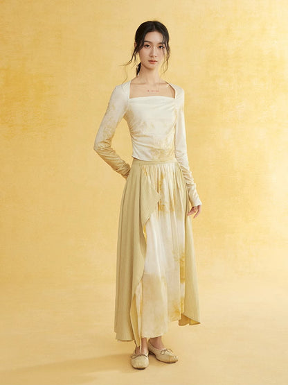 Tie-Dye Nichi Wrap Layered Natural Retro Long-Skirt