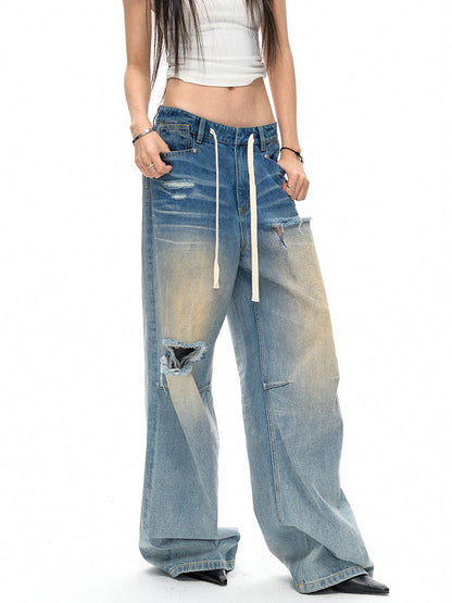 Damage Crush Straight Loose Wide Faded Denim-Pants