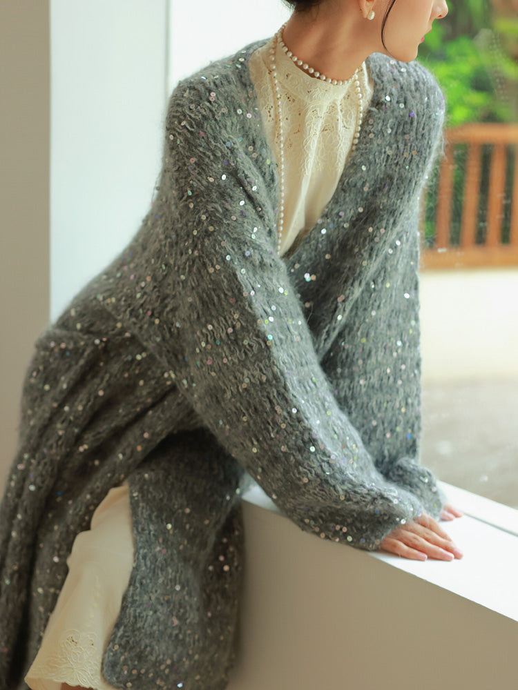 Glossy Loose Knit Effortless Sequins Long-Cardigan