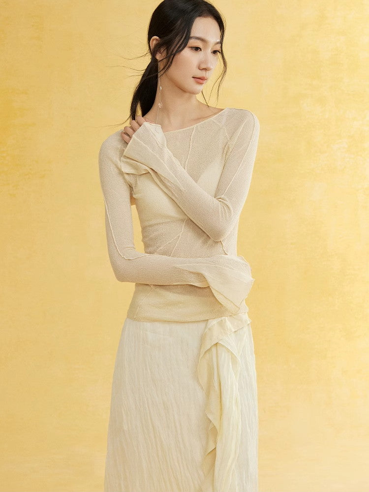 Thin Flare-Sleeve Gradation Chic Nichi Boat-Neck Tight Knit