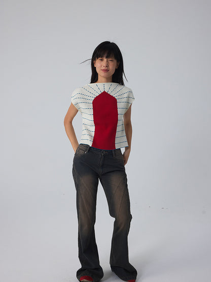 Nicni French-Sleeve Border Modern Unique Cutsew