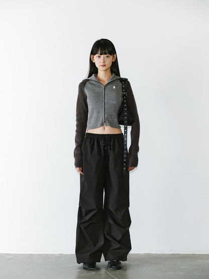 High-Neck Double-Zip Casual Bi-Color Retro Rib-Knit