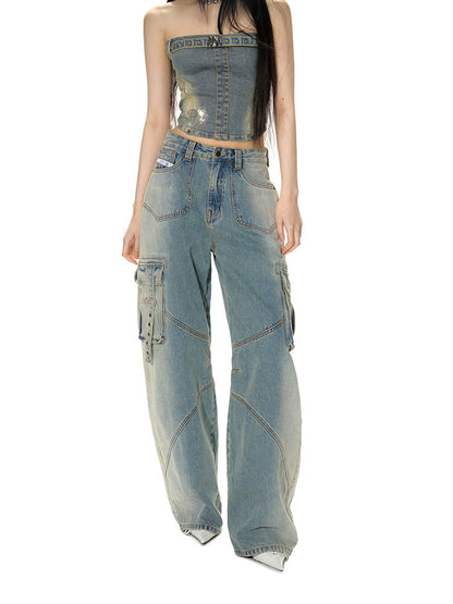 Denim Wide-Leg Straight Casual Side-Pocket Belt Pants