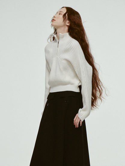 High-Neck Simple Plain Half-Zip Rib-Knit