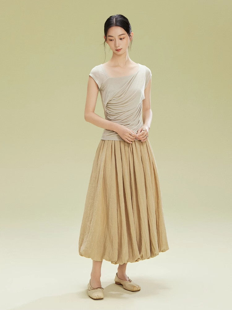 Crumply Wrinkled Balloon Natural Long-Skirt