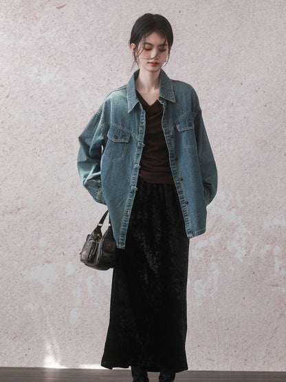 Casual Vintage Oversize Drop-Shoulder Denim-Jacket