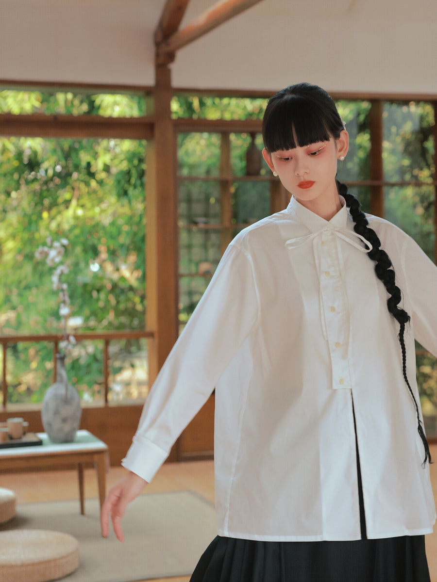 Nichi-Button Ribon Tie Oversize Flare Shirt