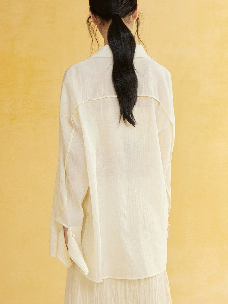 Side Button Natural Sheer Overpresse-Shirt