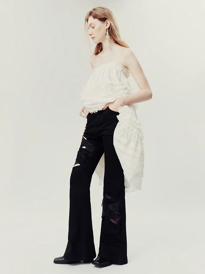 Nichi Lace Mesh Flower High-Waist Flare-Pants