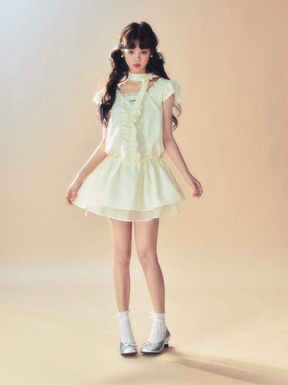 Open-Shoulder Frill Ribbon V-Neck Tiered Candy-Sleeve One-Piece
