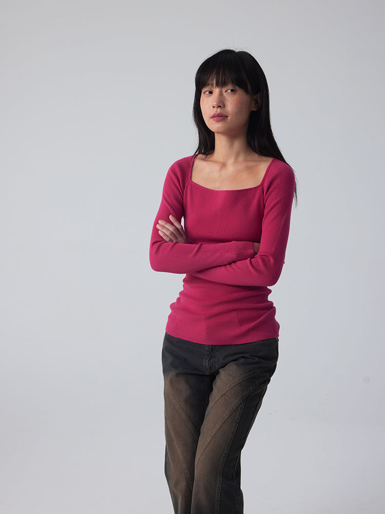 Square-Neck Retro Tight Vivid Slim Plain Knit