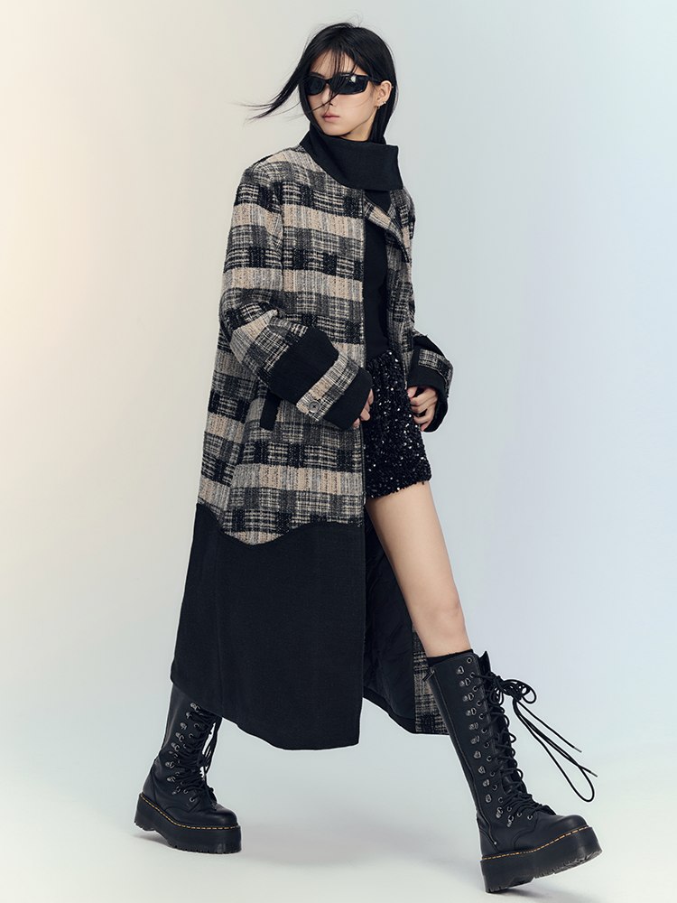 Patchwork Retro Stand-Collar Coat Long-Jacket