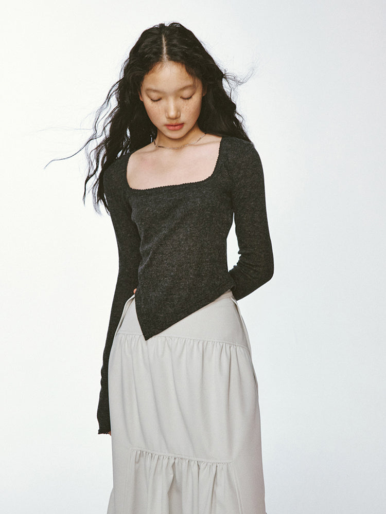 Square-Neck Asymmetry Slim Knit