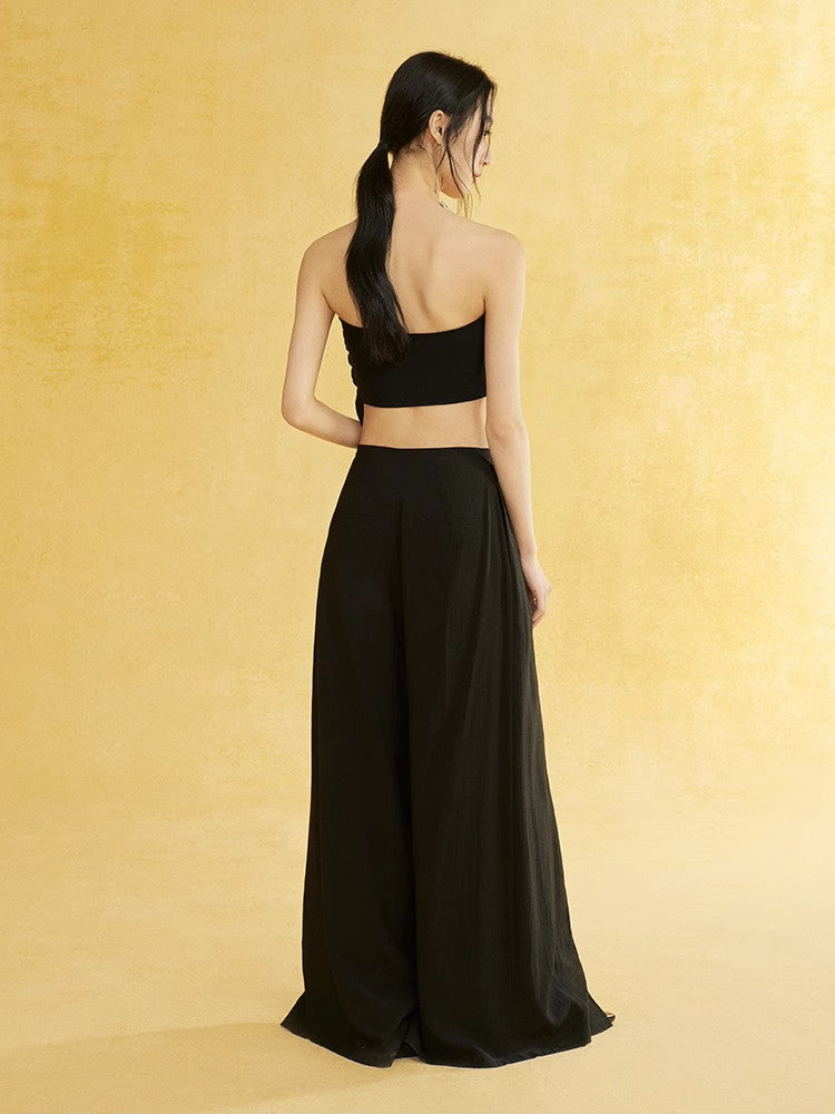 Natural Slit Wide-Leg Wrinkled Plain Flare-Pants