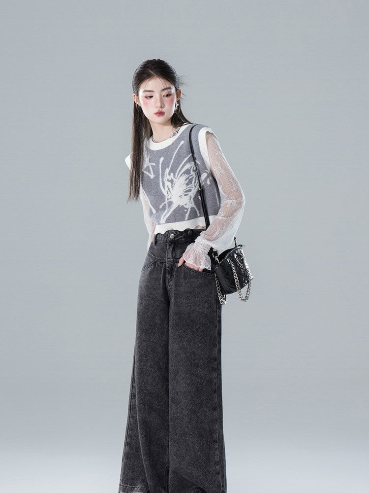 Vest&amp;Long-Skirt Knit Butterfly Retro Bi-Color Set-Up