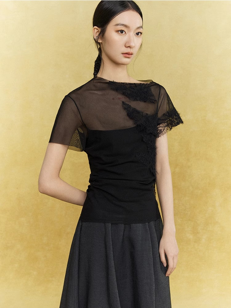 Asymmetry Sheer Mesh Nichi Lace Elegamt Chic Tops