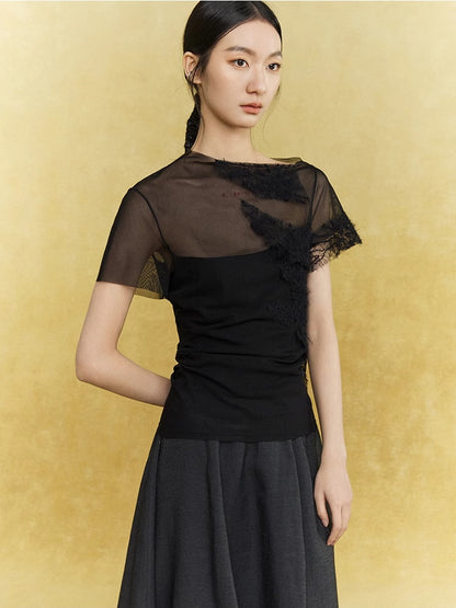 Asymmetry Sheer Mesh Nichi Lace Elegamt Chic Tops