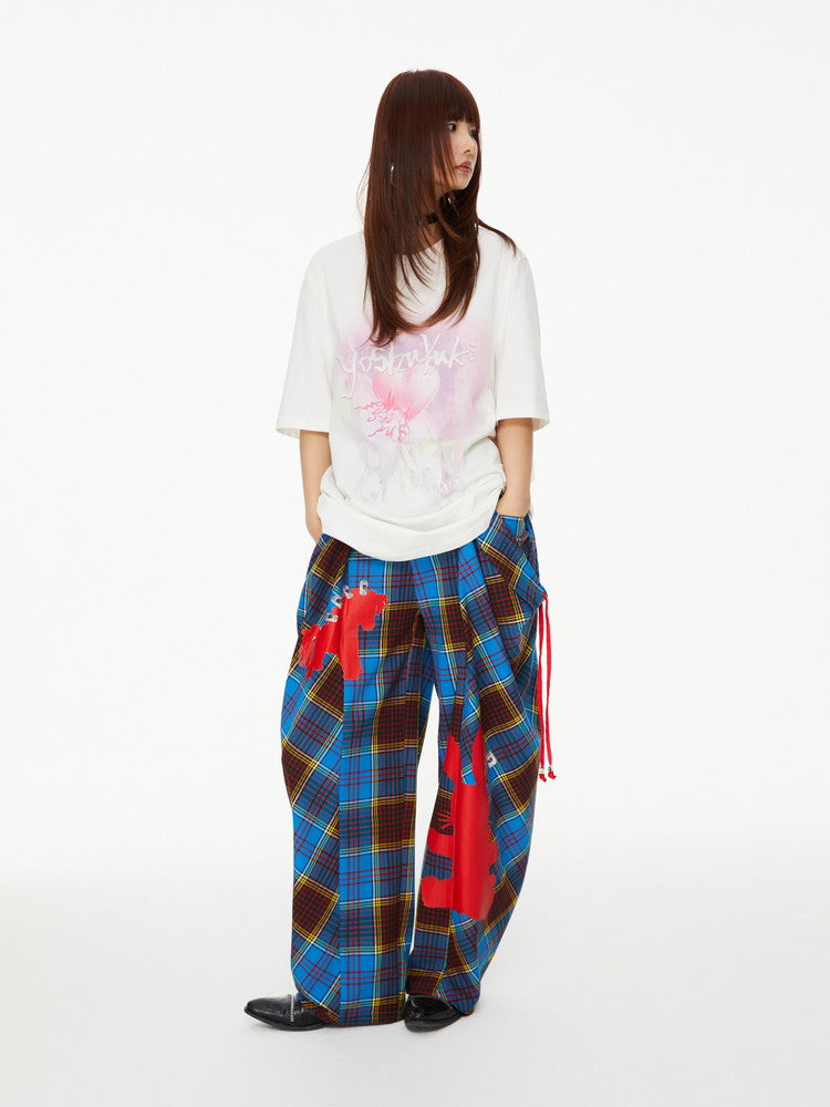 Checked Retro Girly Rabbit Silhouette Wide-Leg Nichi Casual Pants