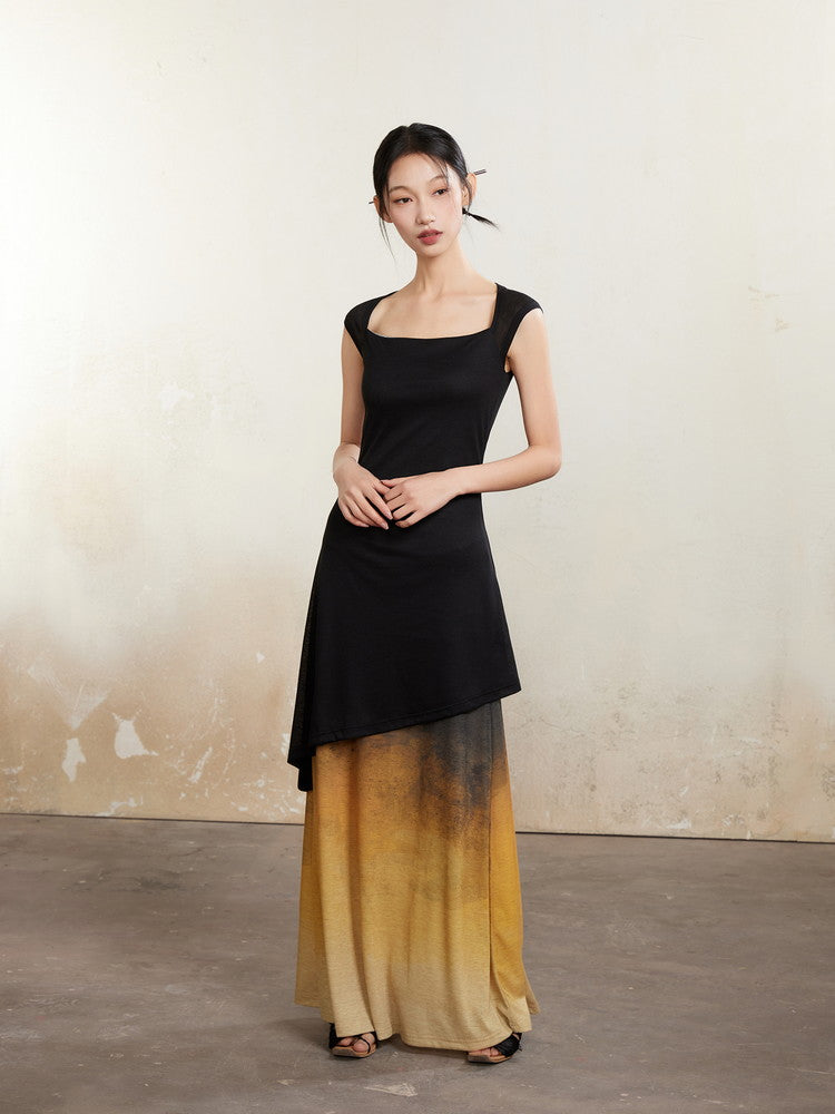 Long Bi-Color Retro Square-Neck Layered Dress