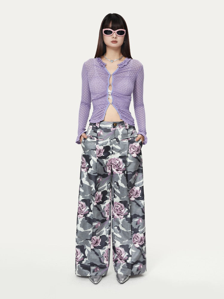 Camouflage Flower High-Waist Speckled Rose Nichi Wide-Pants