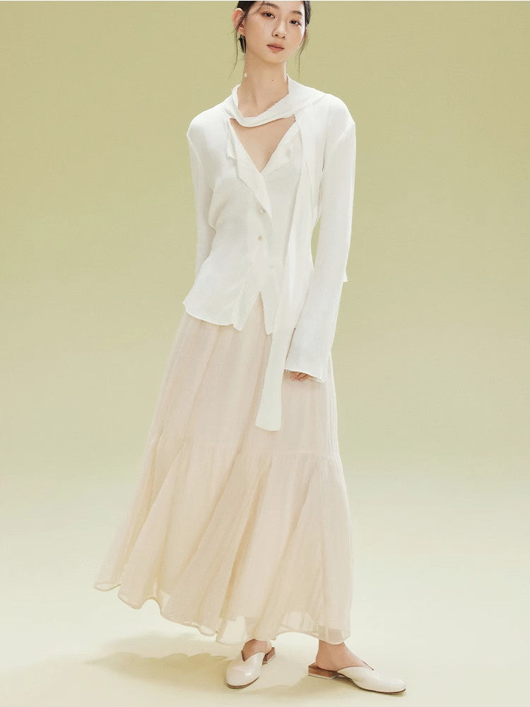 Ciffon Tiered Volume Simple Flare Long-Skirt