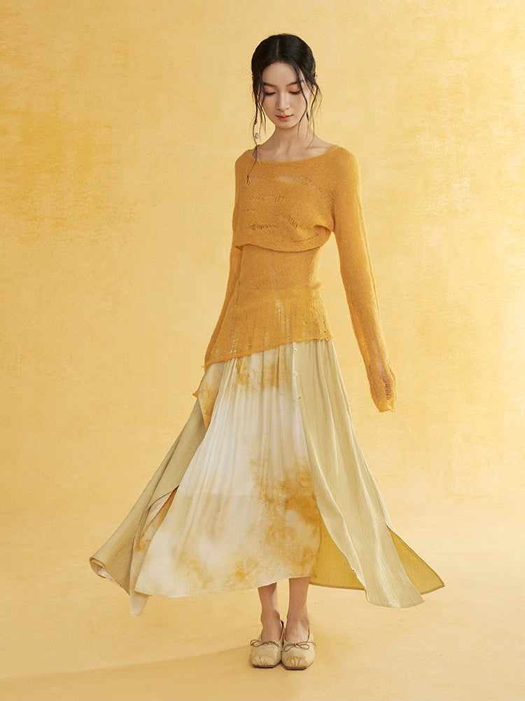 Tie-Dye Nichi Wrap Layered Natural Retro Long-Skirt