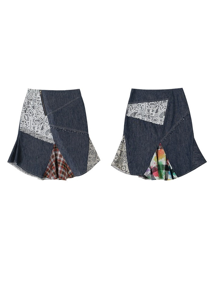 Denim Lace Mermaid Checked Unique Patchwork Skirt