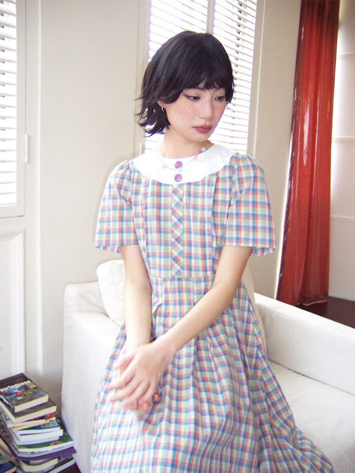 Checked Girly Retro Colorful Flare Long One-Piece